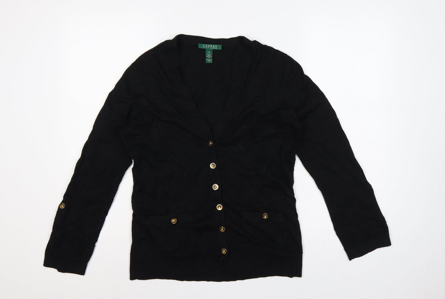 Lauren Ralph Lauren Women Black M V-Neck Cotton Button Cardigan