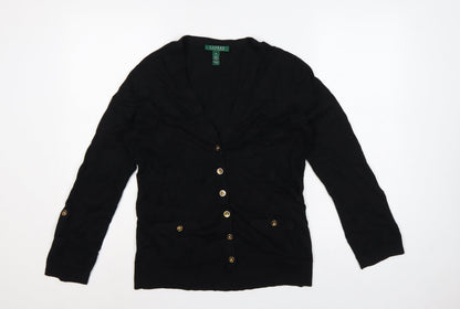 Lauren Ralph Lauren Women Black M V-Neck Cotton Button Cardigan
