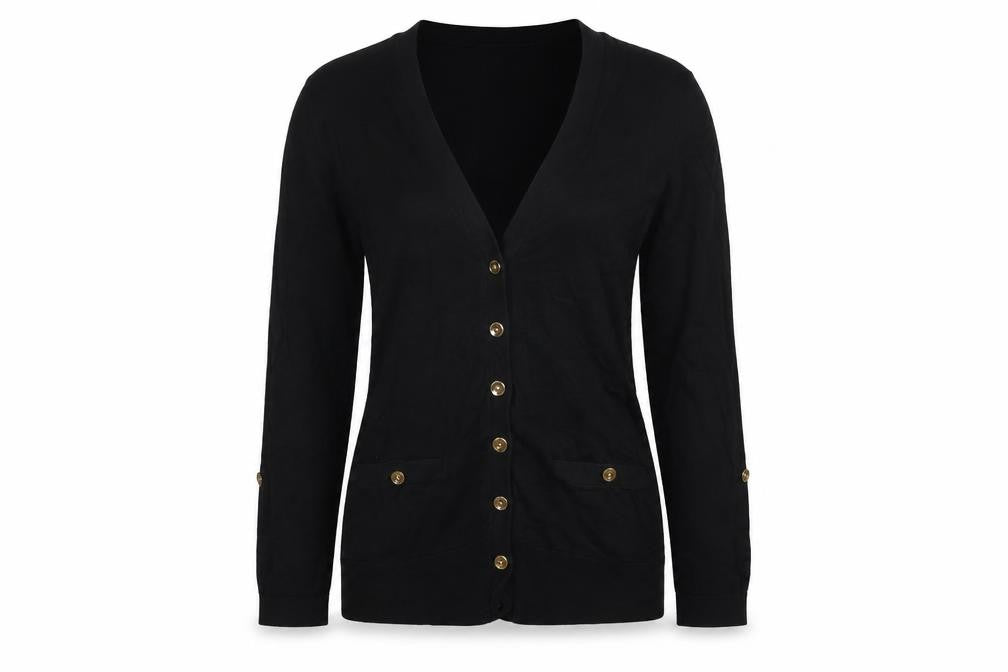 Lauren Ralph Lauren Women Black M V-Neck Cotton Button Cardigan