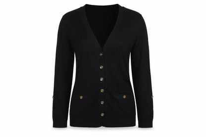 Lauren Ralph Lauren Women Black M V-Neck Cotton Button Cardigan