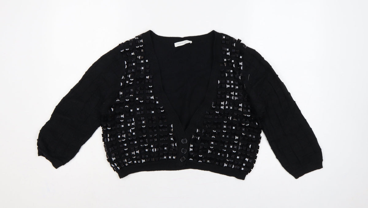Selected Femme Women Black XL Embellished V-Neck Cropped Cardigan