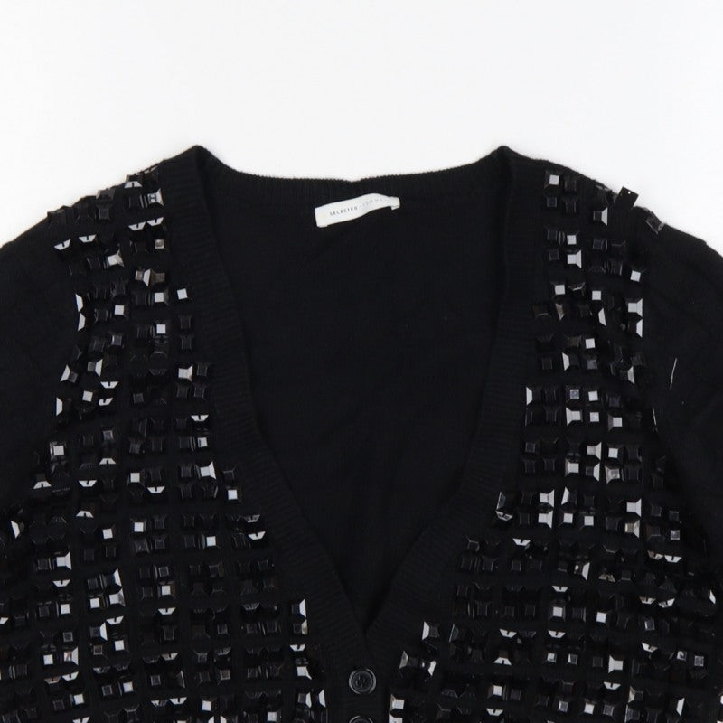 Selected Femme Women Black XL Embellished V-Neck Cropped Cardigan