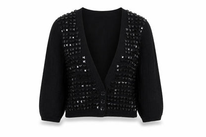 Selected Femme Women Black XL Embellished V-Neck Cropped Cardigan