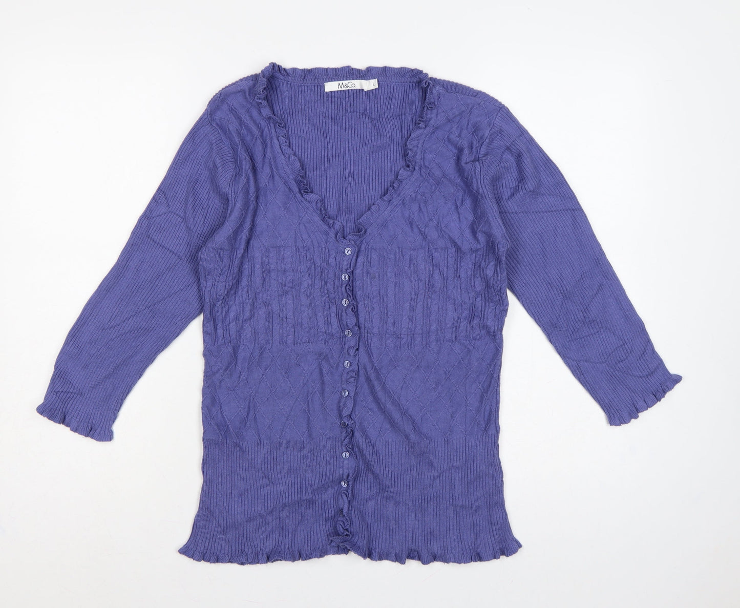 M&Co. Women’s Blue L Cable Knit Ruffle V-Neck Cardigan