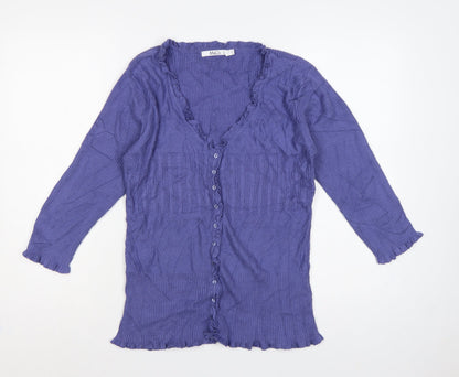 M&Co. Women’s Blue L Cable Knit Ruffle V-Neck Cardigan