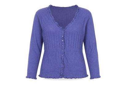 M&Co Women’s Blue L Cable Knit Ruffle V-Neck Cardigan