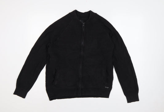 Back view of Threadbare Men's Black L Full Zip Mock Neck Knit Jumper Pockets