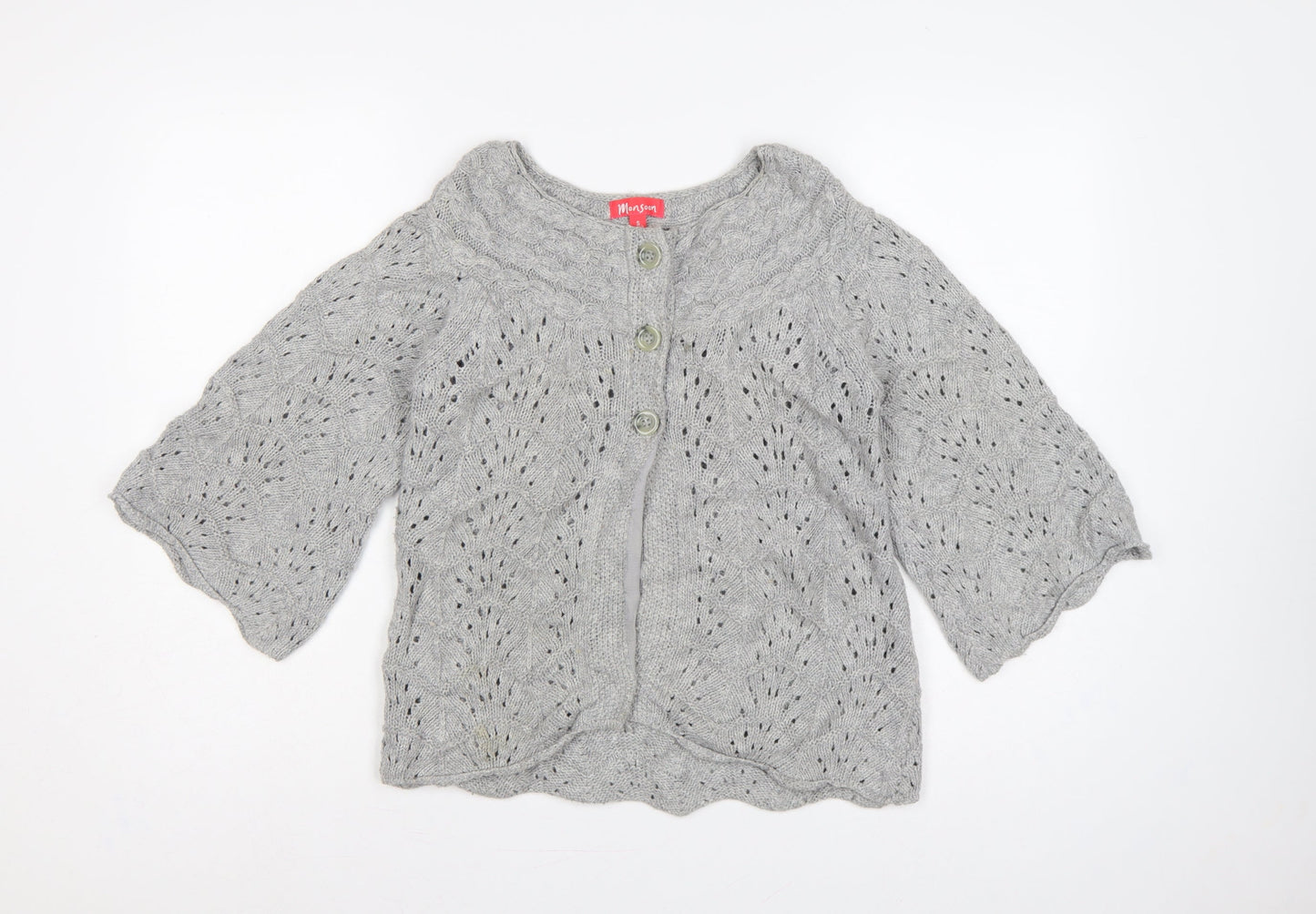 Monsoon Women Grey S Cable Knit Button Cardigan 3/4 Bell Sleeve