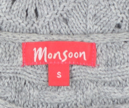 Monsoon Women Grey S Cable Knit Button Cardigan 3/4 Bell Sleeve