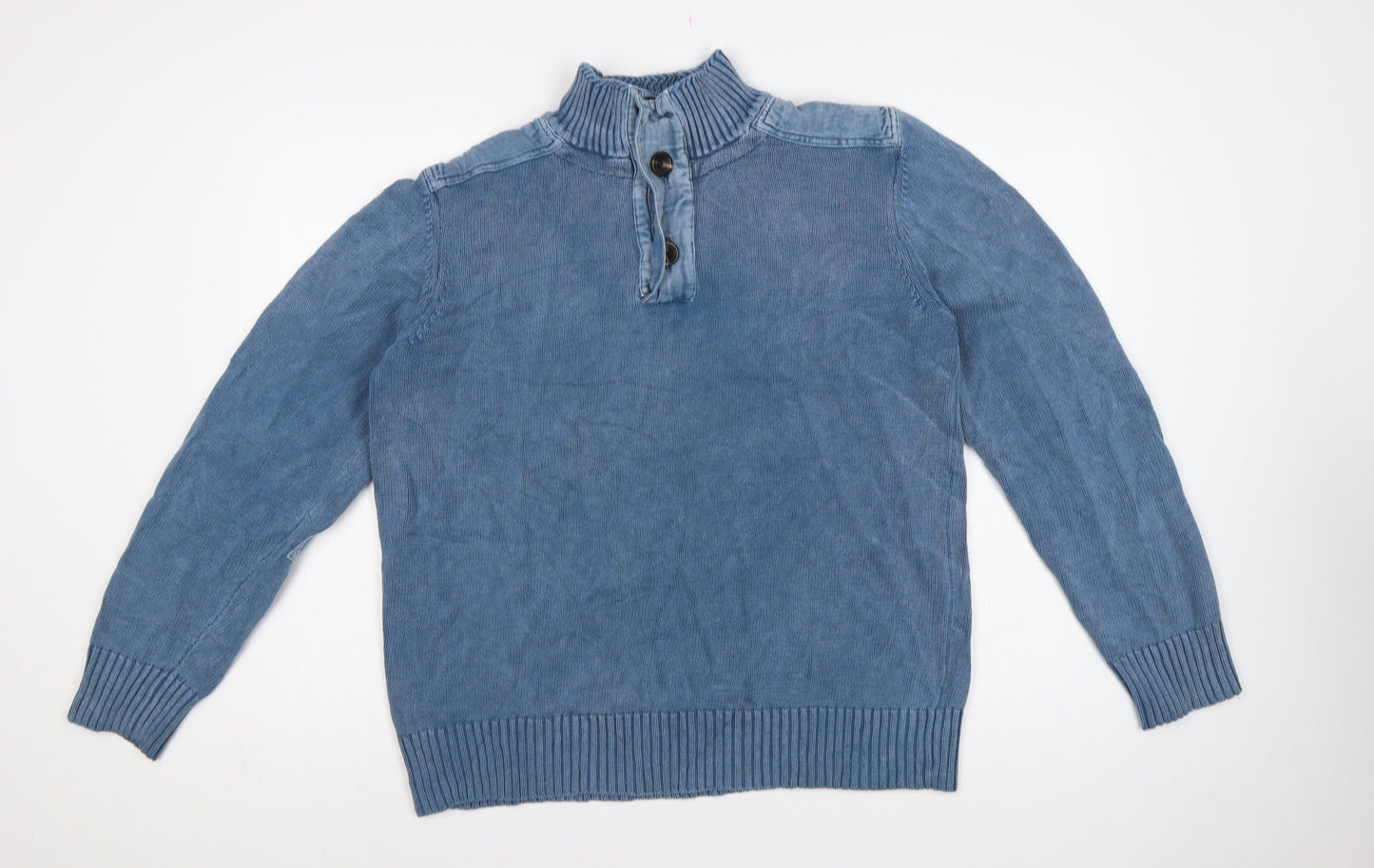 Fat Face Men Blue L Henley Knit Jumper High Neck Button Denim Trim