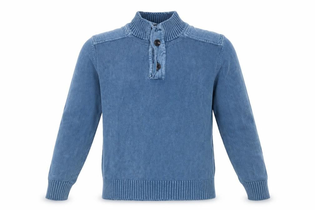Fat Face Men Blue L Henley Knit Jumper High Neck Button Denim Trim