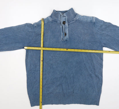 Fat Face Men Blue L Henley Knit Jumper High Neck Button Denim Trim