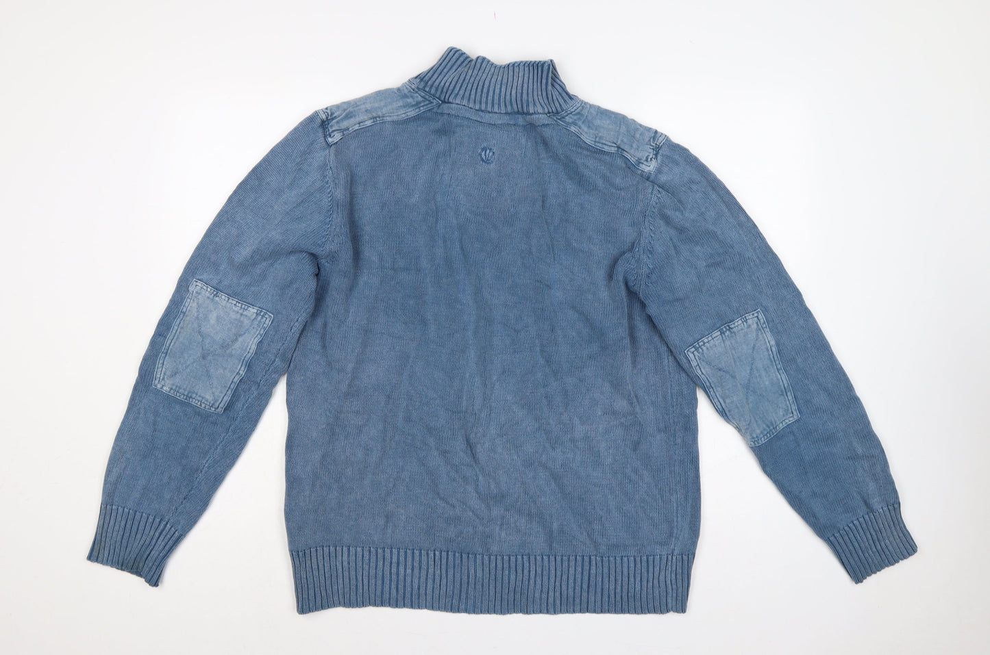 Fat Face Men Blue L Henley Knit Jumper High Neck Button Denim Trim