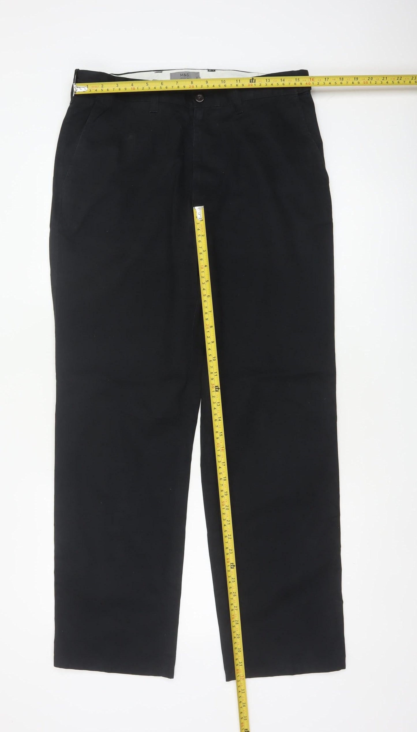 Marks and Spencer Men's Black 34 Regular Straight Cotton Trousers 34W 31L