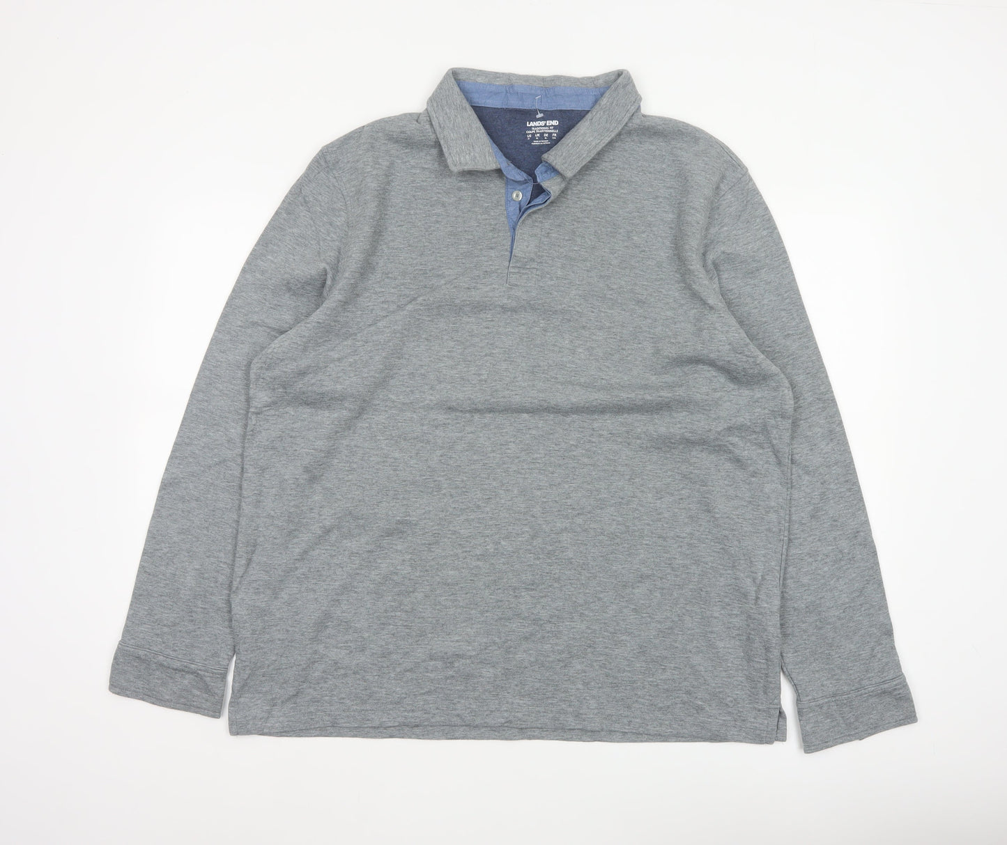Lands' End Men's Grey XL Long Sleeve Cotton Blend Polo Traditional Fit