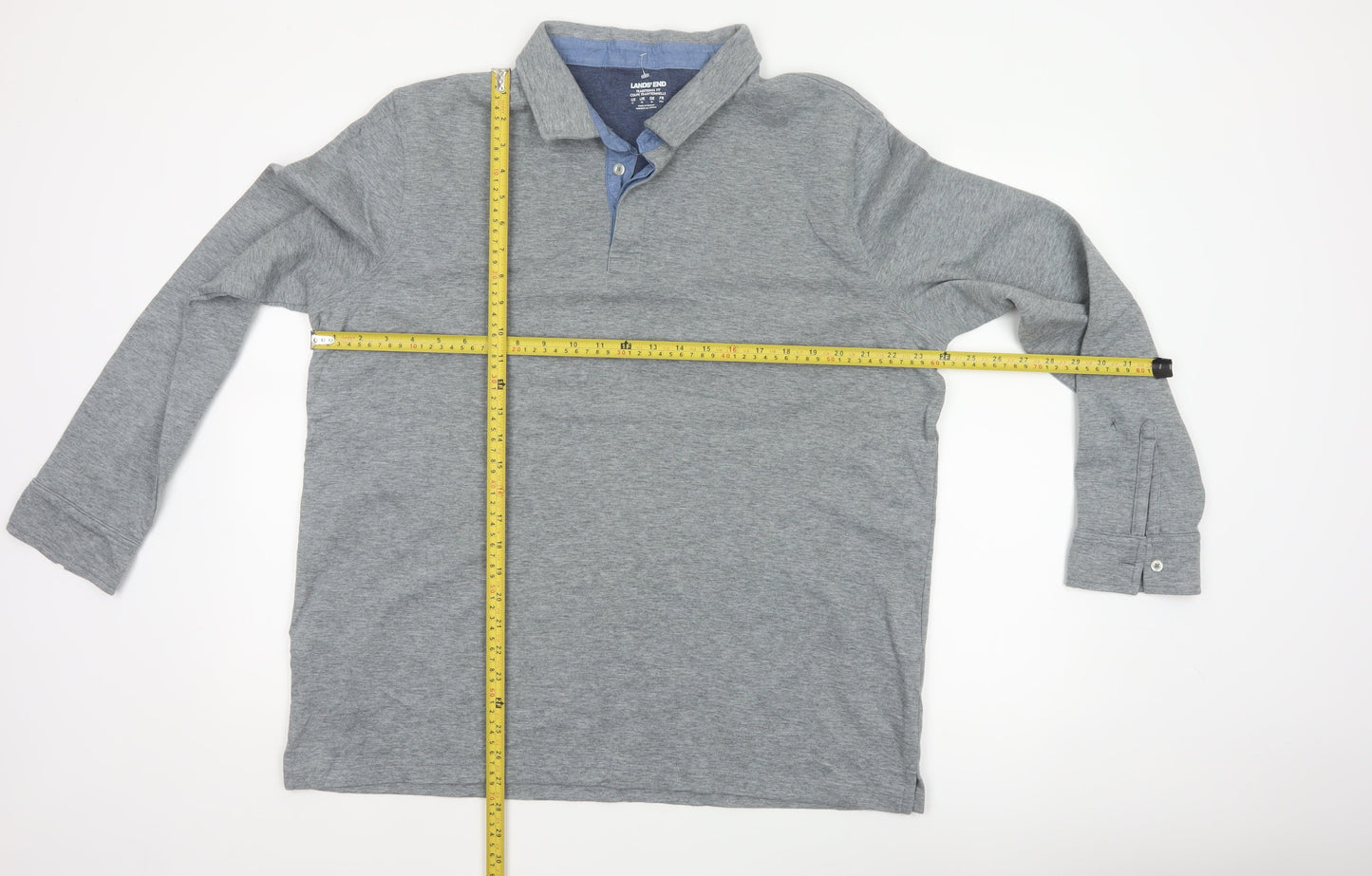 Lands' End Men's Grey XL Long Sleeve Cotton Blend Polo Traditional Fit
