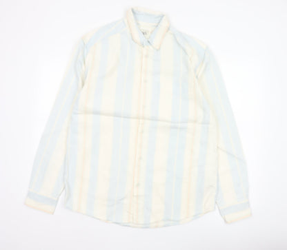 Zara Men Blue Striped Relaxed Fit Cotton Button-Up Shirt M Long Sleeve