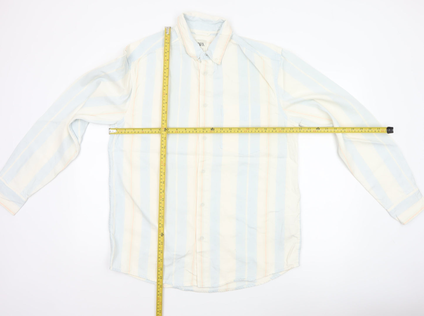 Zara Men Blue Striped Relaxed Fit Cotton Button-Up Shirt M Long Sleeve