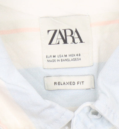 Zara Men Blue Striped Relaxed Fit Cotton Button-Up Shirt M Long Sleeve