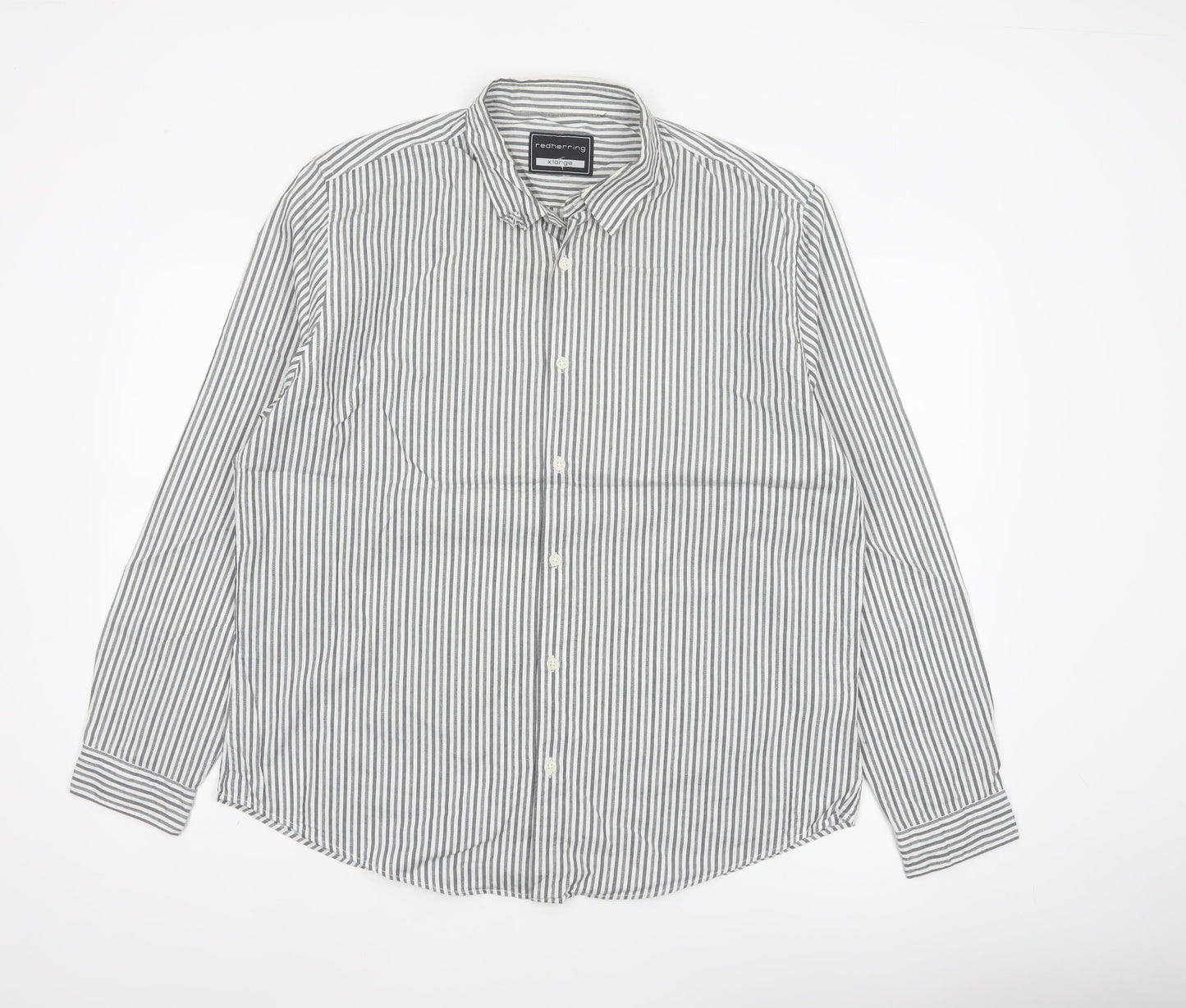 Red Herring Men’s Grey White Striped Cotton Button-Up Shirt XL