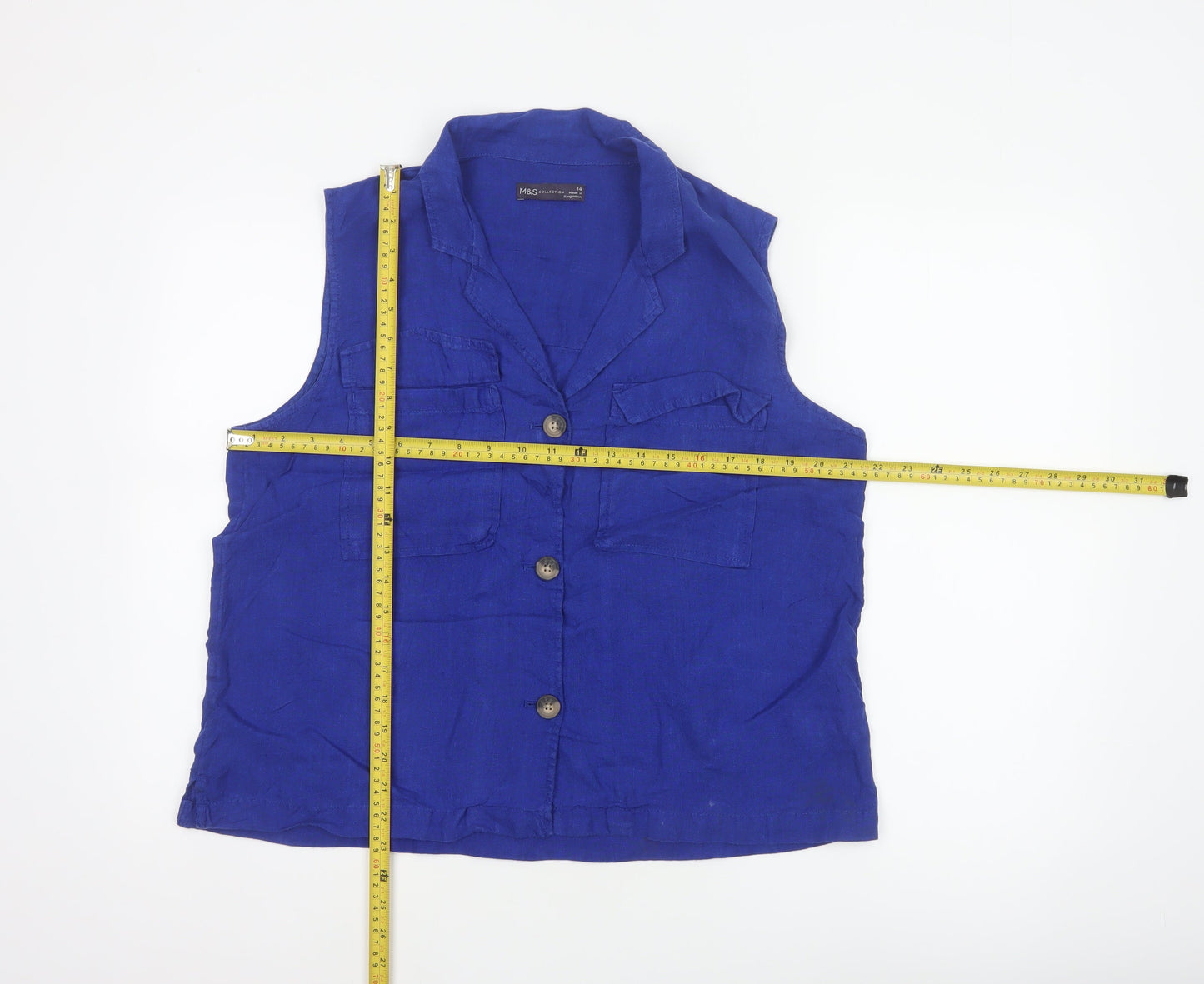 Marks & Spencer Women Blue UK 14 Linen Sleeveless Button-Up Blouse
