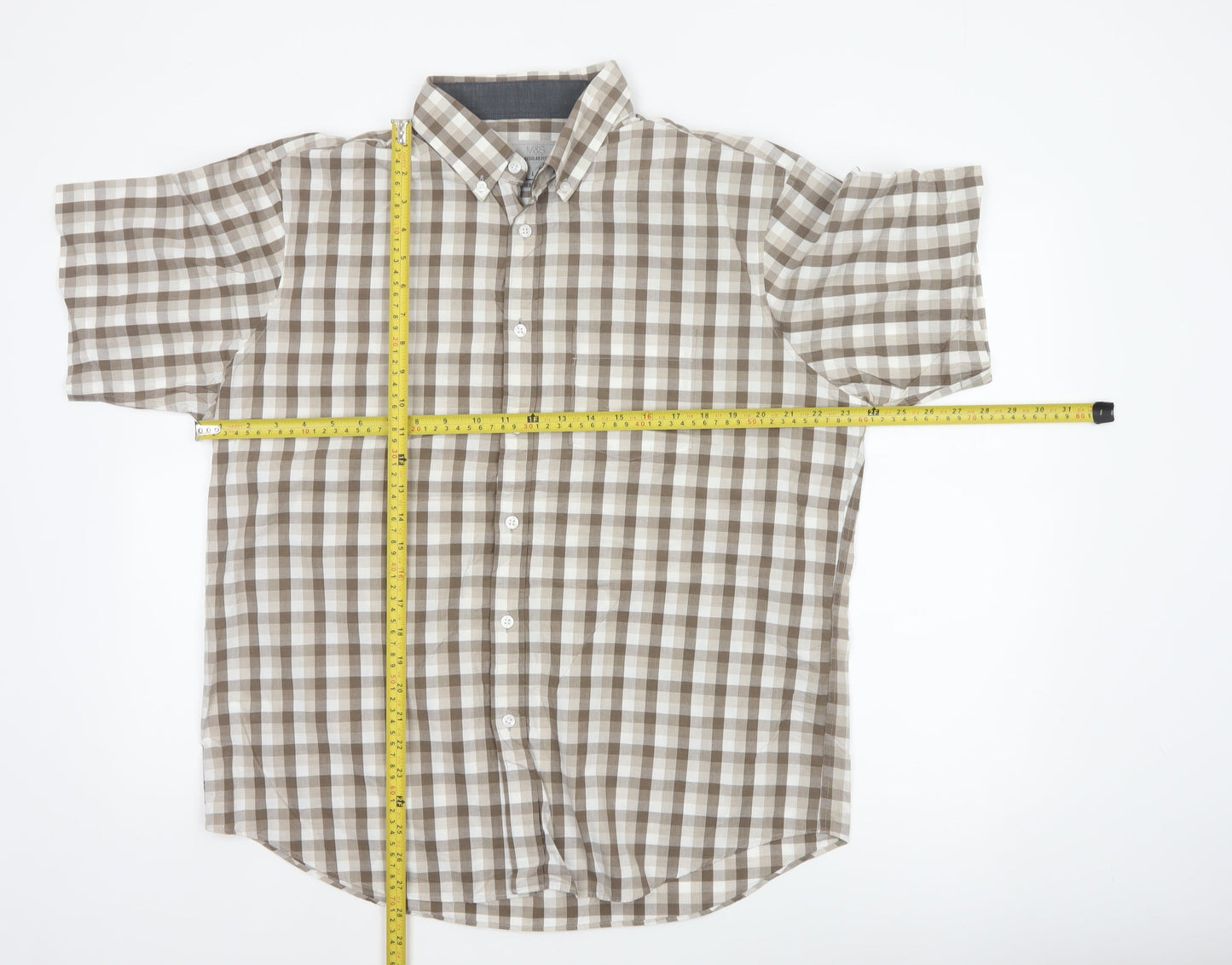 Marks and Spencer Men Beige Check Short Sleeve Button-Down Shirt L