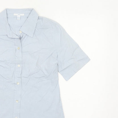GAP Women Blue Striped S Short Sleeve Collared Button-Up Shirt
