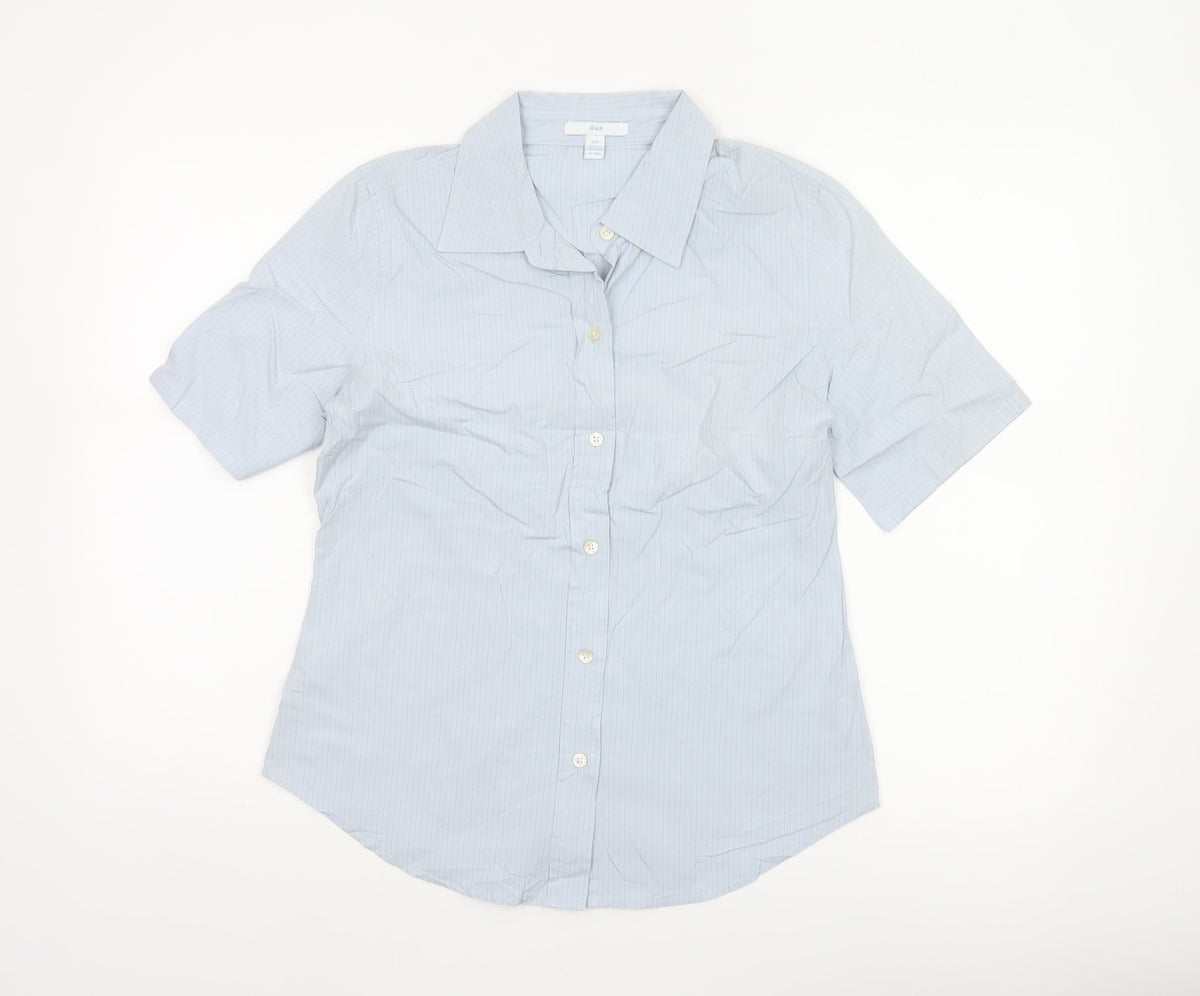GAP Women Blue Striped S Short Sleeve Collared Button-Up Shirt