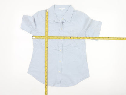 GAP Women Blue Striped S Short Sleeve Collared Button-Up Shirt