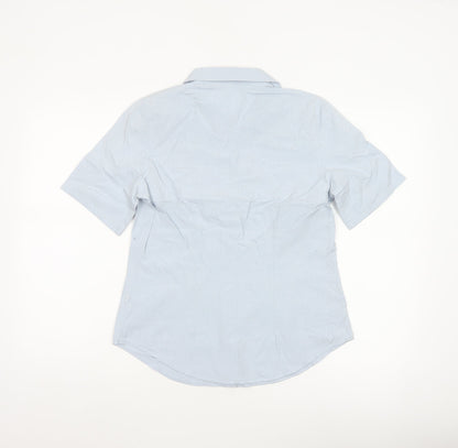 GAP Women Blue Striped S Short Sleeve Collared Button-Up Shirt