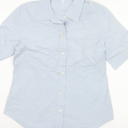 GAP Women Blue Striped S Short Sleeve Collared Button-Up Shirt