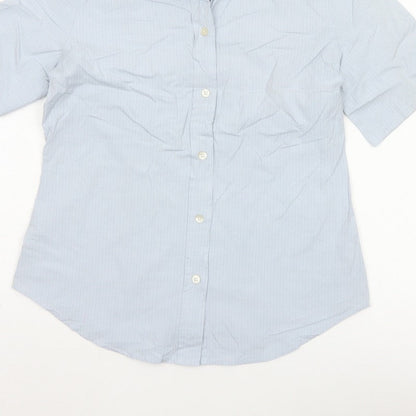 GAP Women Blue Striped S Short Sleeve Collared Button-Up Shirt