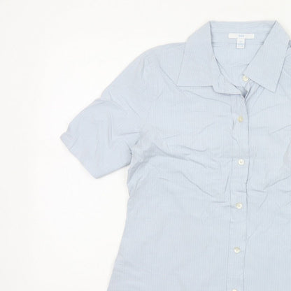 GAP Women Blue Striped S Short Sleeve Collared Button-Up Shirt