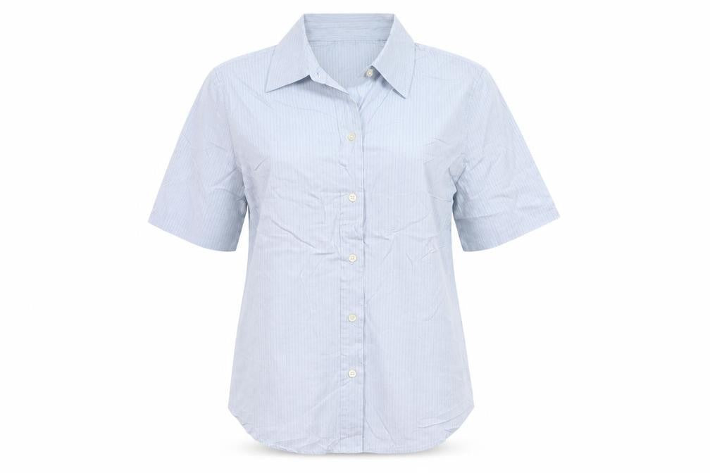 GAP Women Blue Striped S Short Sleeve Collared Button-Up Shirt