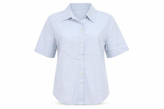 GAP Women Blue Striped S Short Sleeve Collared Button-Up Shirt
