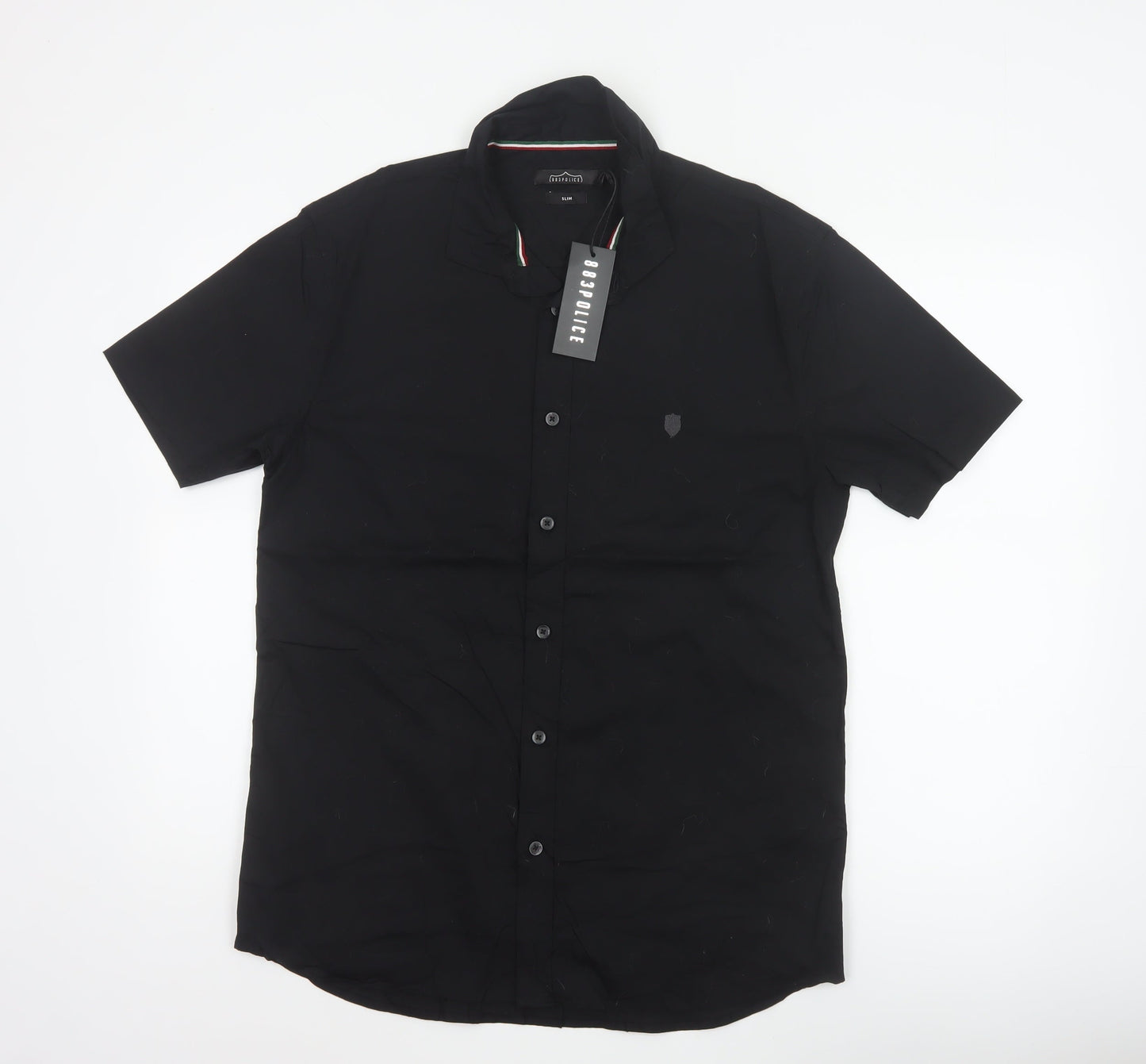 883 Police Men's Black L Slim Short Sleeve Button-Up Shirt