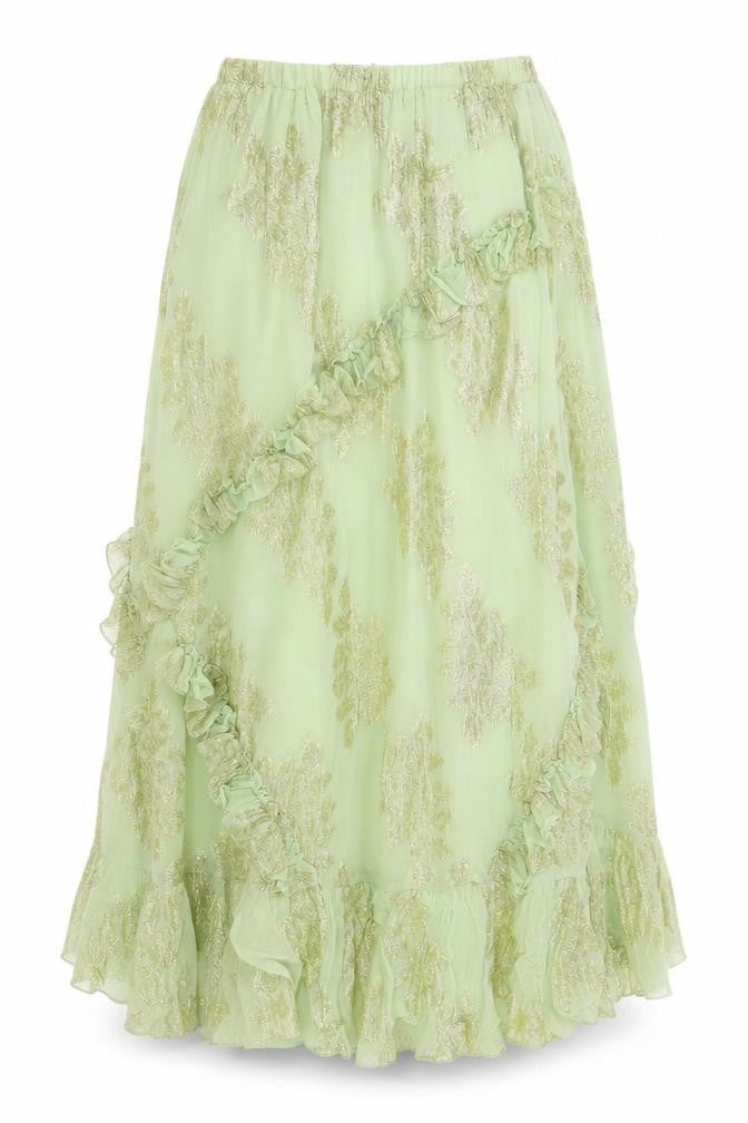 Front view of ASOS Design Women Green UK 8 Ruffle Wrap Knee Skirt Metallic Floral