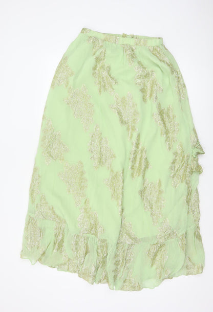 ASOS Design Women Green UK 8 Ruffle Wrap Knee Skirt Metallic Floral