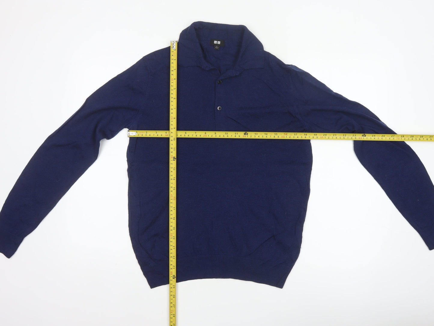 Uniqlo Men's Blue S 100% Wool Collared Henley Knit Jumper