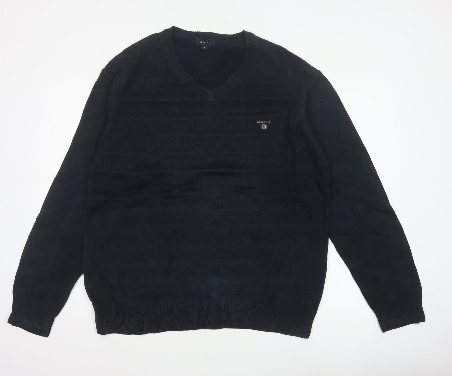 GANT Men’s Black Cotton V-Neck Logo Knit Pullover Jumper Size L