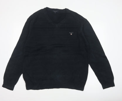 GANT Men’s Black Cotton V-Neck Logo Knit Pullover Jumper Size L