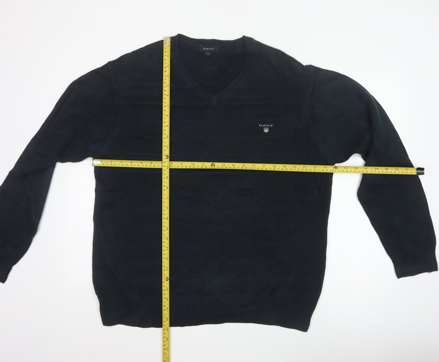 GANT Men’s Black Cotton V-Neck Logo Knit Pullover Jumper Size L