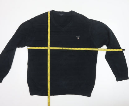 GANT Men’s Black Cotton V-Neck Logo Knit Pullover Jumper Size L