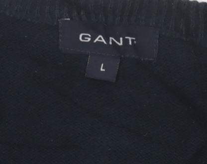 GANT Men’s Black Cotton V-Neck Logo Knit Pullover Jumper Size L