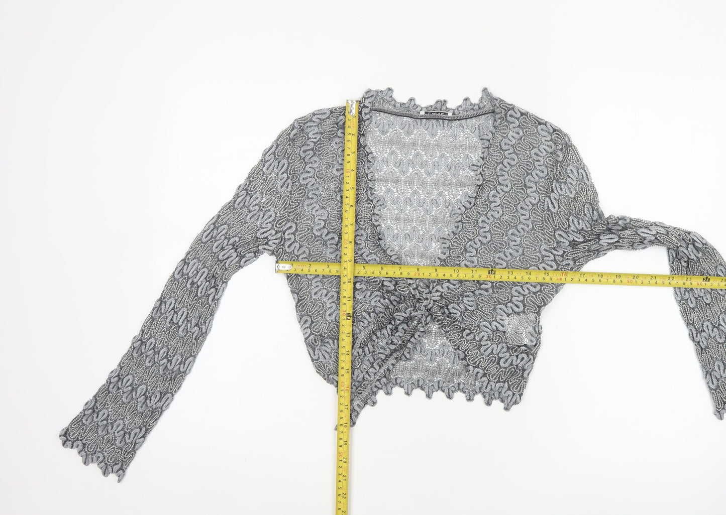 Planet Women Grey Metallic Knit Wrap Cropped Blouse Size 10