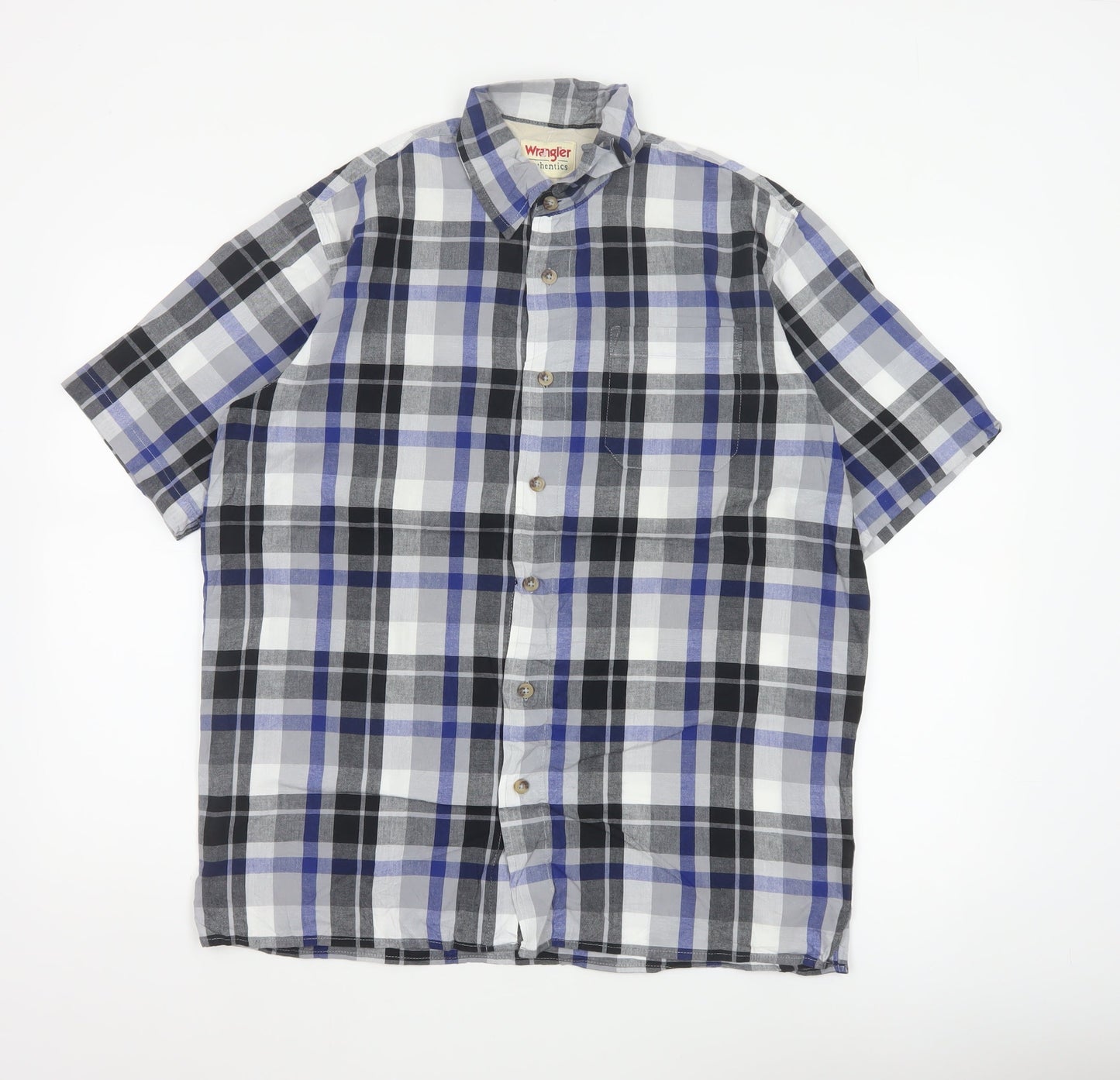 Wrangler Men Blue Plaid Cotton Short Sleeve Button-Up Shirt M