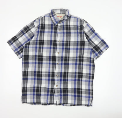 Wrangler Men Blue Plaid Cotton Short Sleeve Button-Up Shirt M