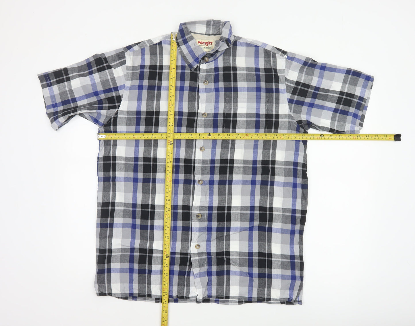 Wrangler Men Blue Plaid Cotton Short Sleeve Button-Up Shirt M