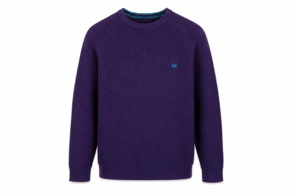 Front view of Crew Clothing Men’s Purple L Lambswool Crew Neck Waffle Knit Jumper