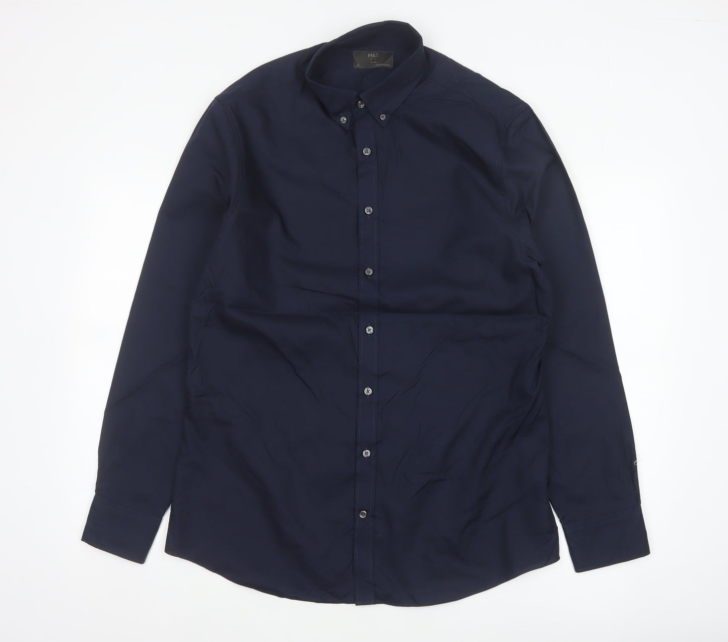 Marks & Spencer Men Blue 16 Slim Button Down Long Sleeve Shirt
